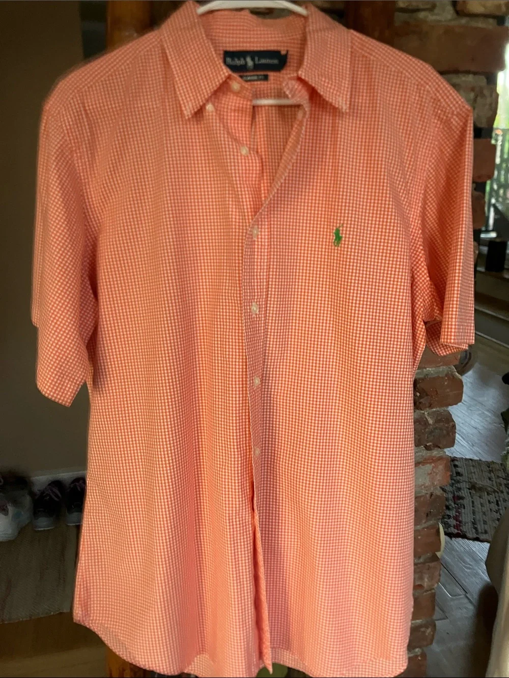 Ralph Lauren Orange Gingham Short-Sleeve Button-Up Shirt with Green Pony